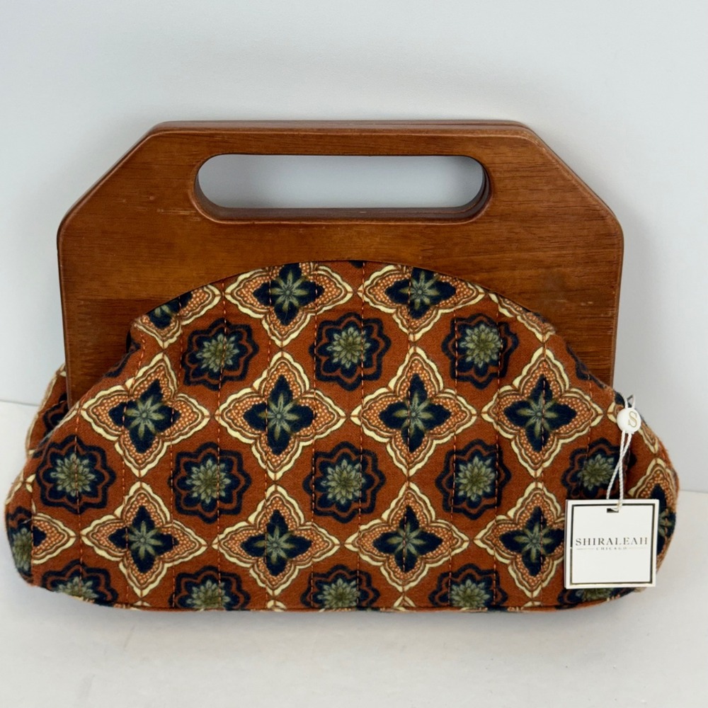 Shiraleah Chicago Evan Top Handle Clutch Wood Handle Quilted Multi‎ Color NWT